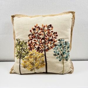 Pier 1 Imports Embroidered Textured Trees Accent Pillow Beaded Jute Trim 17x17